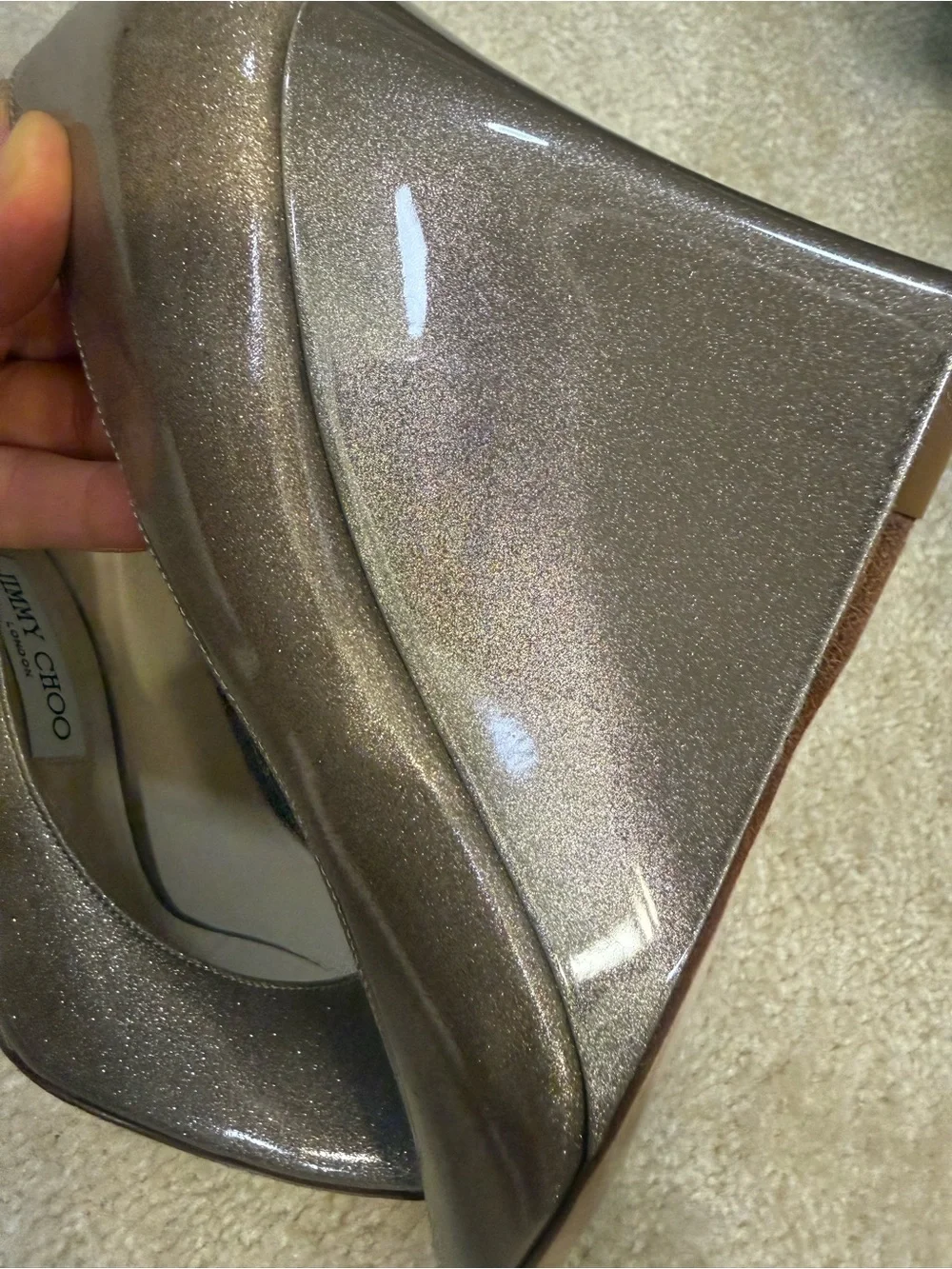 Jimmy Choo Shimmering Metallic Taupe/Brown Peep-Toe Wedge Pumps